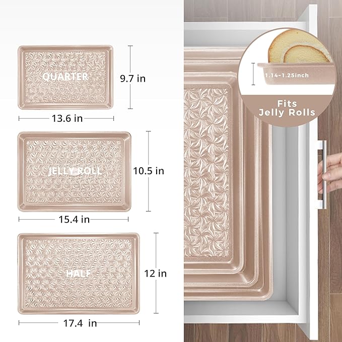 HONGBAKE Nonstick Baking Sheet Pan Set of 3, Cookie Sheets for Oven, Non-Toxic Half/Quarter/Jelly Roll Pans with Floral Swirl Texture, Heavy Duty 0.8mm Thick Oven Trays for Cooking, Champagne Gold