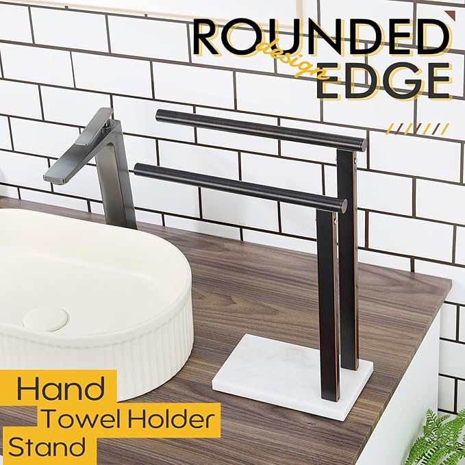 KOKOSIRI Hand Towel Bars Stand Towel Rack 2-Tier with Marble Base for Bathroom Vanity Countertop, Oil Rubbed Bronze Stainless Steel 15.7'' Height THS0007-ORB