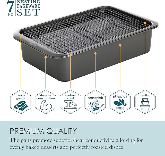 Chicago Metallic 7-Piece Nesting Bakeware Set - Carbon Steel Nonstick Baking Sheet, Loaf Pan, Muffin Pan, Cake Pan, Roaster and Cooling Rack - Space-Saving Kitchen Essentials