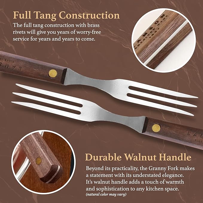 Lamson 7" Granny Fork with 3-Tines - High-Carbon Stainless Steel Forks, Riveted Walnut Handle - Versatile Kitchen Dinner utensil for Meat, Vegetables - Handcrafted in USA