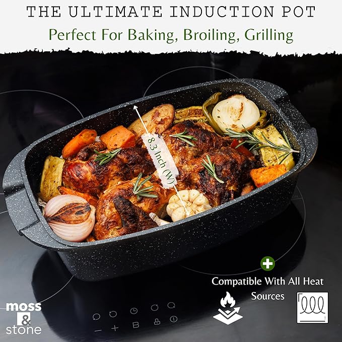 Moss & Stone 6 Quart Oval Roaster Pot with Lid, 12"x8.3" Die Cast Aluminum Chicken Roaster, Induction, Gas & Ceramic Cooktop Compatible, Hard Anodized Nonstick Roasting Pan With Lid, Oven Safe
