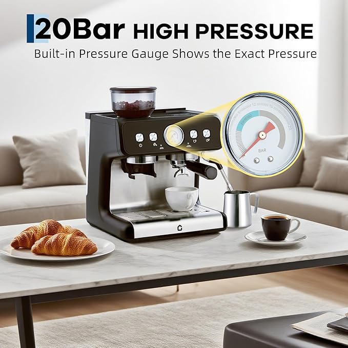 Garvee Stainless Steel Espresso Machine with Grinder & 20 Bar Pressure, 2.8L Removable Water Tank, Milk Frother Steam Wand for Latte/Cappuccino - Adjustable Shot Volume, Professional Home/Office Use
