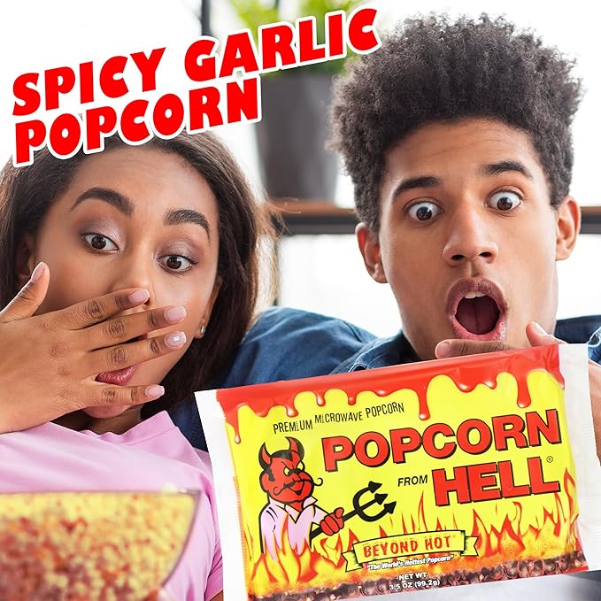 Popcorn from Hell 6 Bags - Ultimate Spicy GARLIC Gourmet Popcorn Gift - Makes a Great Movie Theater Popcorn or Snack Food for Movie Night