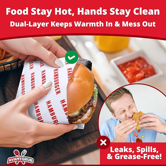 Retro, Grease Proof Burger Wrappers 10Pk. Insulated, Pro Quality Bulk Hamburger Bags are BPA Free. Large, Allergen Friendly BBQ Foil Paper Great Cooking Supply for Themed Party
