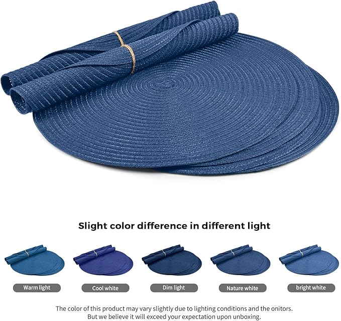 FunWheat Round Braided Placemats Set of 6 Place mats for Dining Tables Woven Heat Resistant Table Mats 15 inch (Blue,6pcs)