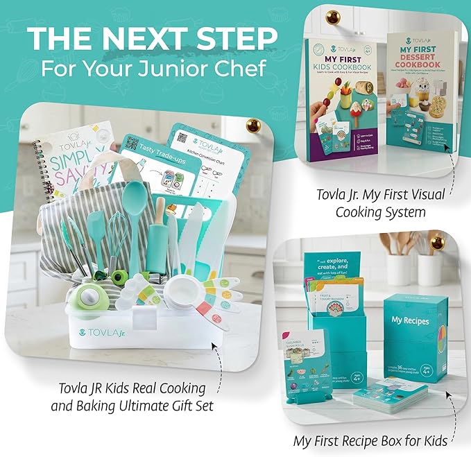 Tovla Jr Kid Safe Knife Gift Set for Real Cooking | Toddler Kitchen Knives | Montessori STEM Cooking Tools | Kids Chef Knives and Utensils | BPA Free Dishwasher Safe | Birthday Gift Ages 4 to 12