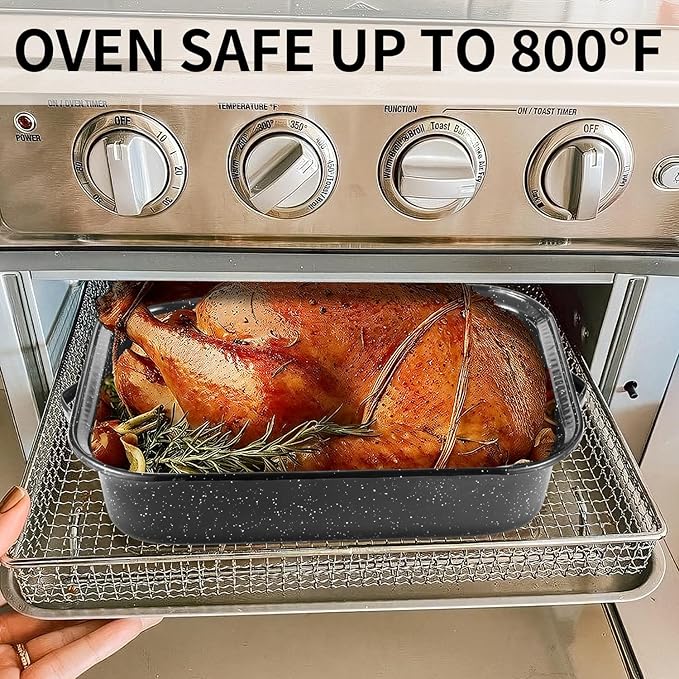 QPMR Roasting Pan with Rack, 21” Rectangular Granite Roaster Pan, 25lb Capacity, Large Roaster Pot for Baking Turkey with Versatile Lid