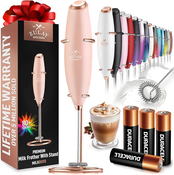 Zulay Kitchen Powerful Milk Frother Wand With 4 AA Duracell Batteries - Ultra Fast Handheld Drink Mixer - Electric Whisk Foam Maker for Coffee, Lattes, Cappuccino, Matcha & Creamer - Rose Peach