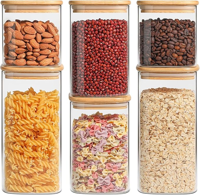 ComSaf Airtight Glass Storage Canister with Lids (0.7Qt/1.2Qt/1.6Qt) Set of 6, Food Storage Container Kitchen Pantry Storage Jar, Glass Jars for Flour Cereal Sugar Tea Coffee Beans Snacks, Square