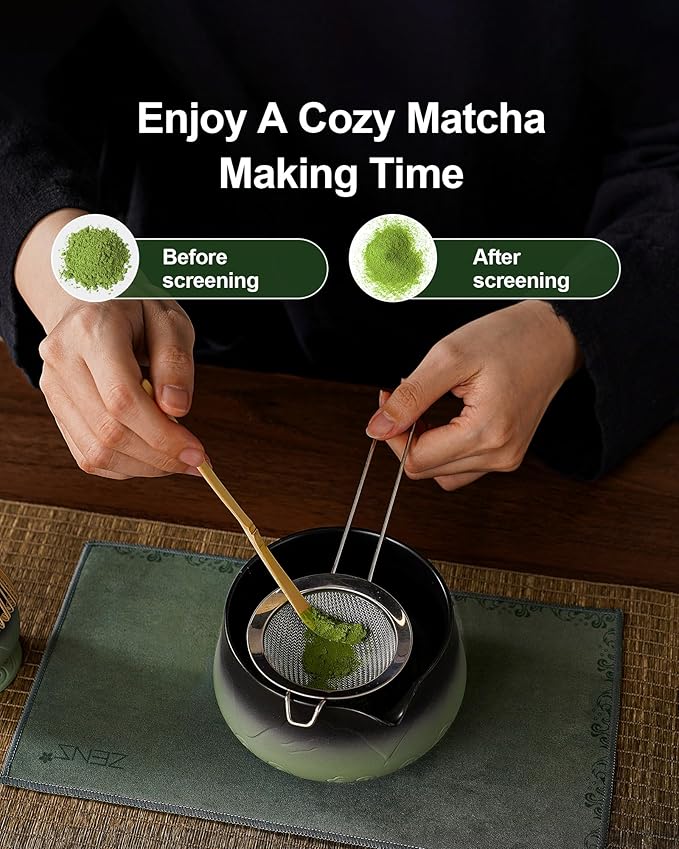 ZENS Matcha Whisk Set, 7pcs Matcha Kit Set with Ceramic Bowl and Matcha Cup, Bamboo Whisk & (Chasen Holder) Sifter, Scoop -Tea Towel, Japanese Chawan for Matcha-Making, Sage Green