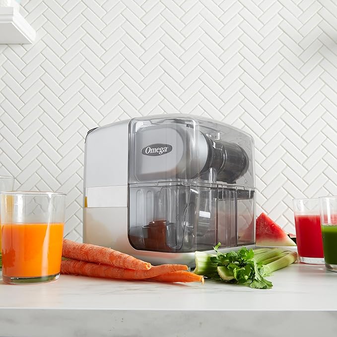 Omega Juicer Cold Press 365 Slow Masticating Vegetable and Fruit Juice Extractor and Nutrition System Makes Nut Milks Baby Food and Sorbets, 80-RPM Slow Juicer with On-Board Storage, 200-Watts, Silver