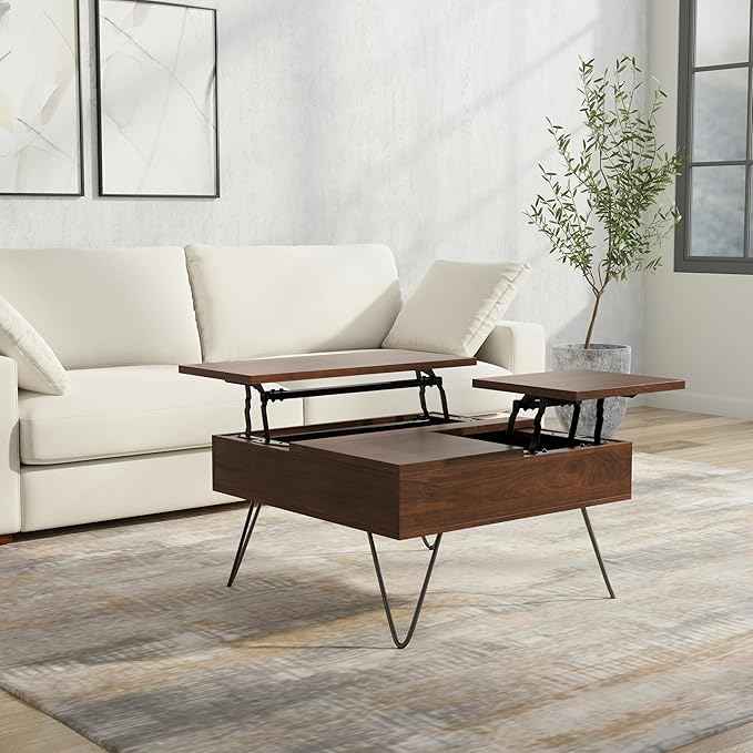 SIMPLIHOME Hunter Lift Top Coffee Table - 32 inch Wide Walnut Veneer and Metal Industrial Square Cocktail Table, Living Room Table with Dual Lift Tops, Hidden Storage and Hairpin Legs