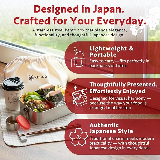 HIBINO Stainless Steel Bento Box 1200ml | Leakproof Bento Box for Adults | Removable Divider | Includes Sauce Container & Cotton Kinchaku Bag | BPA-Free | Designed in Japan
