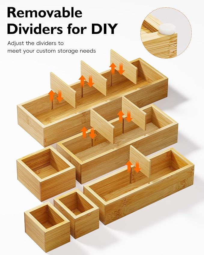 12-Piece Bamboo Desk Drawer Organizer Set – Adjustable Storage Boxes with 24 Compartments, Non-Slip, Modular Design for Office, Jewelry, Vanity, and Kitchen Utensil Drawer Storage
