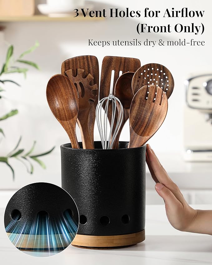 LoeJan 360° Rotating Ceramic Utensil Holder for Kitchen Countertop – Cooking Utensil Crock Organizer with Non-Slip Cork Base for Farmhouse Kitchen Decor, Textured Black