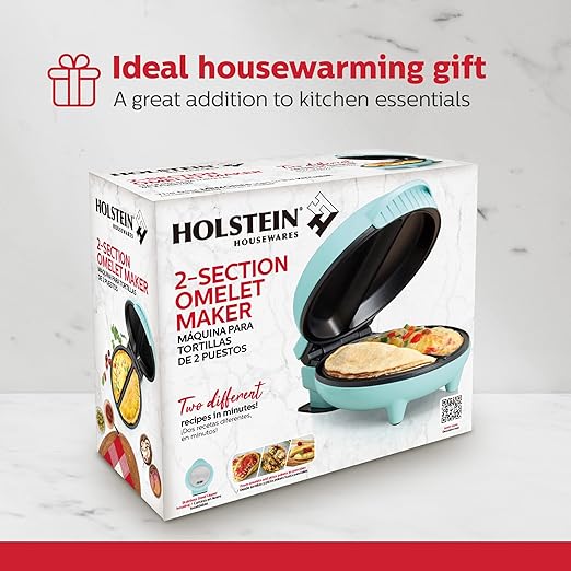 Holstein Housewares Stainless Steel 2 Section Omelet & Frittata Maker, Non Stick Coating, Easy To Clean, Indicator Lights, Compact Storage, Prepare Versatile Recipes in Minutes. 2 Portions, Mint