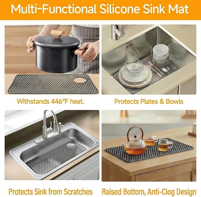 Silicone Sink Mat, 28.62"x 14.76" Heat-resistant Sink Protectors, Drying Mats for Kitchen of Bottom Farmhouse Porcelain Stainless Steel, Kitchen Accessory, Right & Left Drain（Grey）