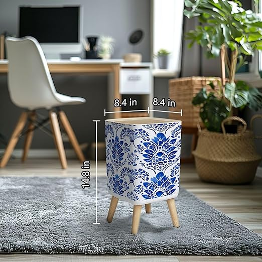 Small Trash Can with Lid porcelain seamless pattern Floral ornament watercolor blue white Wastebasket with Press Cover Dog Proof Garbage Can Waste Bin for Kitchen Bathroom Nursery 2.6 Gallon