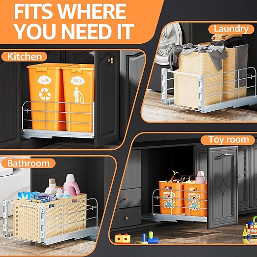 Double Pull Out Trash Can Under Cabinet with Soft Close Slides 130LB Heavy Duty Under Sink Trash Bin Kit with Door or Base Mount, Fits 16" W x 23" D Cabinet, Trash Can Not Included