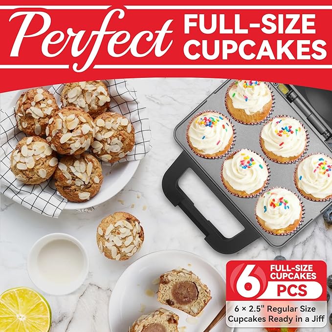 SugarWhisk 6-Count Cupcake Maker Machine, Bakes 6 X 2.5 Inch Cupcakes, Muffins, Pizza Cups, Cinnamon Buns, Cool-touch Handle, Non-stick Coating, Recipe Included, Graphite
