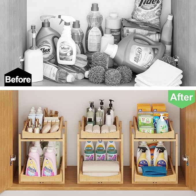 MHXW SXPN Bamboo Under Sink Organizer and Storage, Pull Out Cabinet Organization, 2 Tier Vertical Slide Out Undersink Storage Shelf, Organizer Shelves for Kitchen Bathroom Medicine (Natural, 1 Pack)