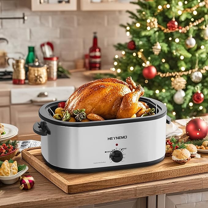 22 Quart Electric Turkey Roaster Oven with Self-Basting Lid Design, Large Stainless Steel Roaster Oven with Removable Pan & Rack, Silver