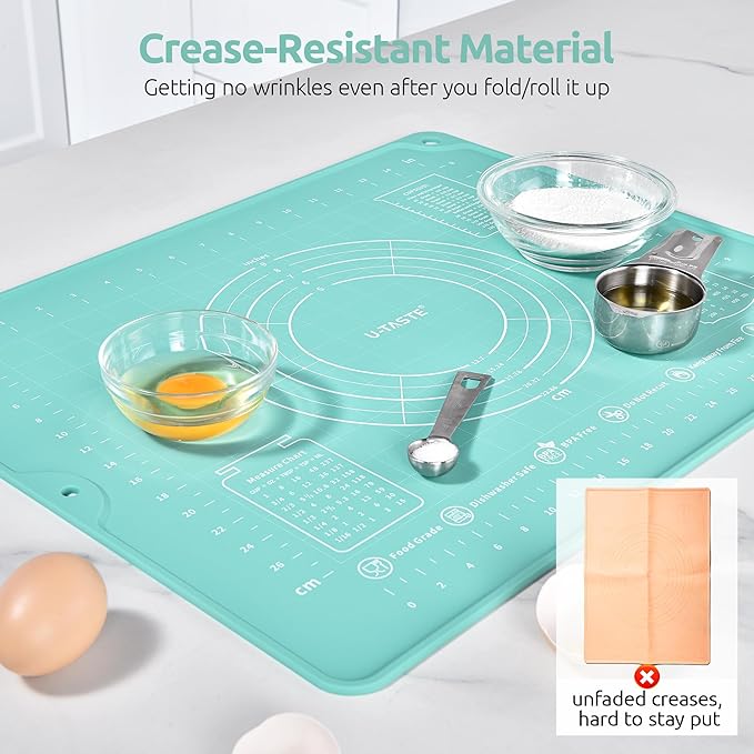 U-Taste 600ºF Heat Resistant Food Grade Extra Long Silicone Spatula 1 Piece, and 20inx16in Large Silicone Pastry Mat Food-Grade Non-Stick Dough Rolling Mat (Aqua Sky)