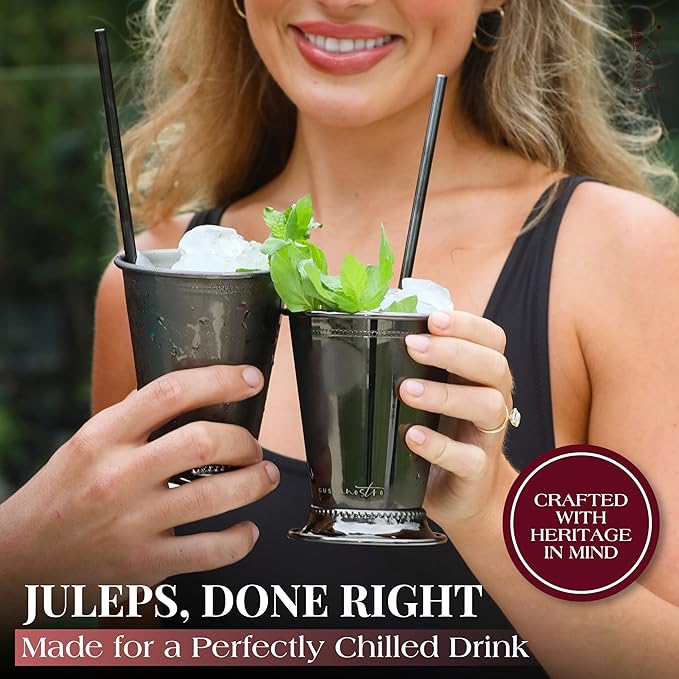 Gusto Nostro Mint Julep Cups Set of 4 - Stainless Steel Julep Cup Kit with Straws, Muddler, Spoon, Recipes, Vases - Southern-style Cocktail Glasses for Home Bar - Stainless Steel Cocktail Cups (Black)