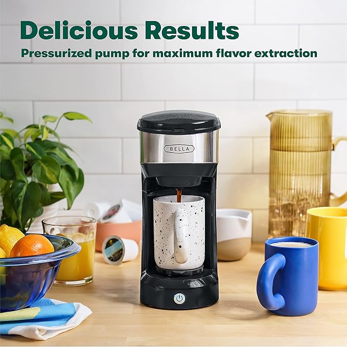 BELLA Dual Brew Single Serve Coffee Maker, Brews both Kcup and Ground Coffee, Large 14oz Capacity, Easy One Touch, Auto Shutoff, Black