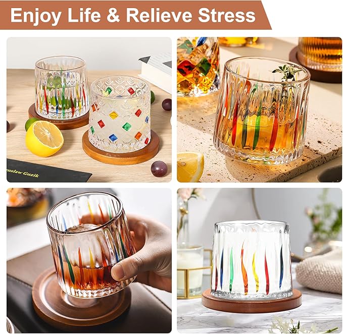 Rotatable Old Fashioned Glass Cup, 275ml/10oz Crystal Whiskey Glass, Wood Coaster, Thickening, Used as Rum Glass, Cocktail Cup, Coffee, Milk to Relax and Reduce Stress, Ideal Gift