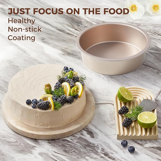 HONGBAKE 8 Inch Round Cake Pan Set for Baking with 2 Pcs Silicone Baking Sling Mats, Nonstick Circle Cake Pans Set of 2, 2.5" Deeper Layer Cake Tin for Oven, Cheesecake Mold, Huty Duty, Golden