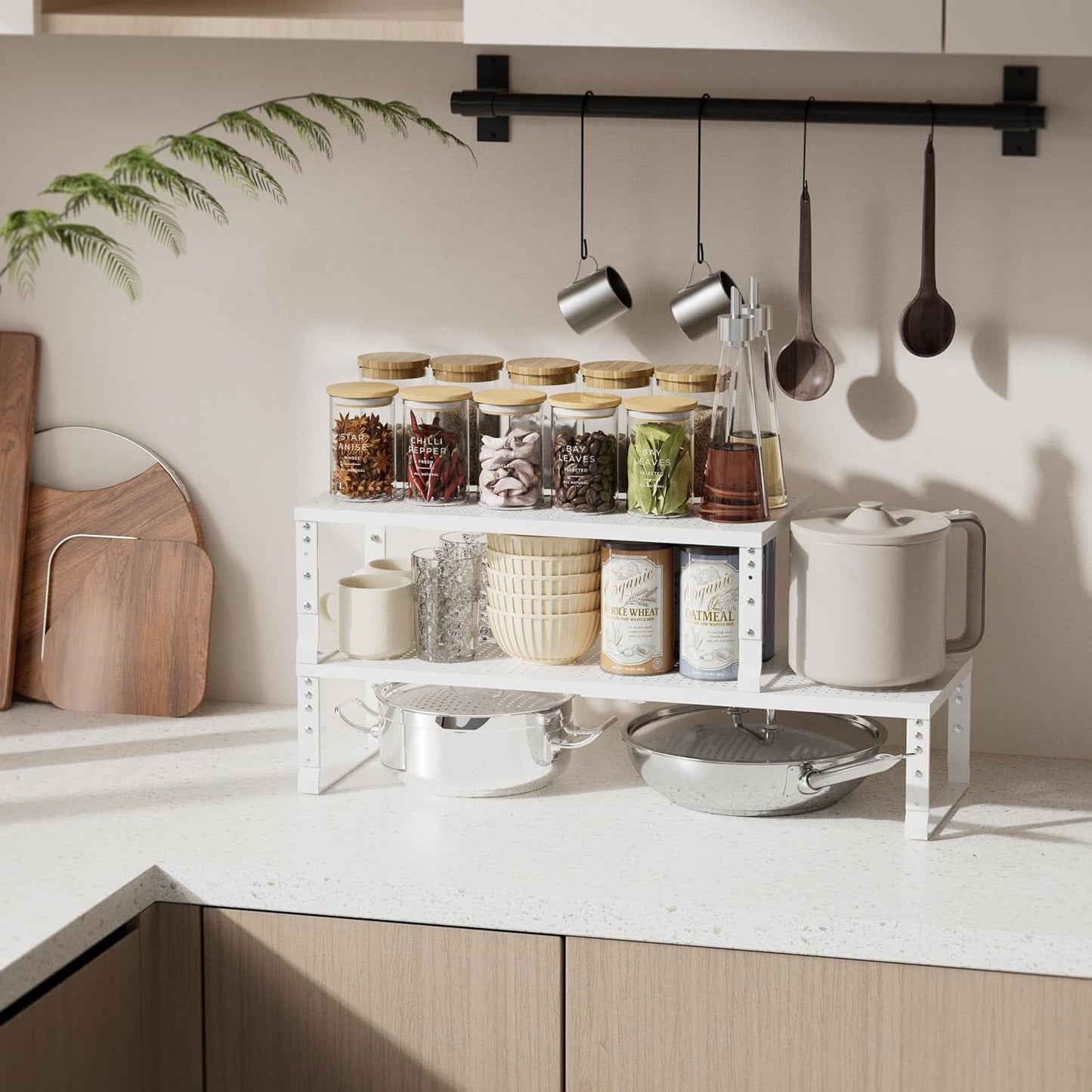 Expandable Spice Rack & Kitchen Cabinet Organizer - Stackable, Adjustable Shelves for Cabinets, Countertops, Cupboards & Pantries(1 Pack/Large/White)