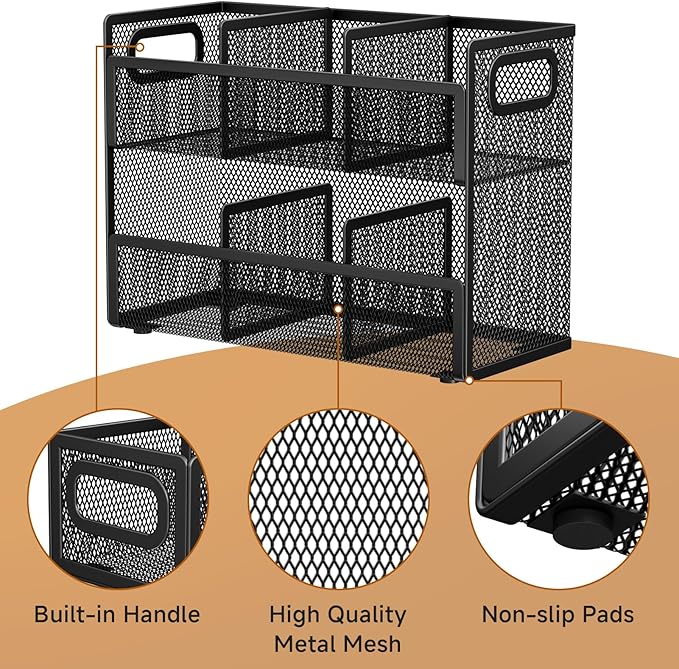 2 Tier Tea Bag Organizer, Mesh Tea Bag Holder with Handle, Teabag Holder, Tea Station Organizer for Countertop, Pantry, Kitchen, Cabinet -Black