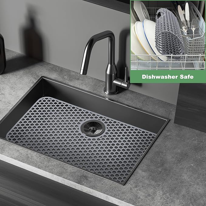 Sink Protectors for Kitchen Sink - 26"x 14" with Rear Drain Hole Heat Resistant Easy Clean Non-slip Silicone Kitchens Sinks Mat for Bottom of Kitchen Sinks Stainless Steel(Grey)-66x35CM