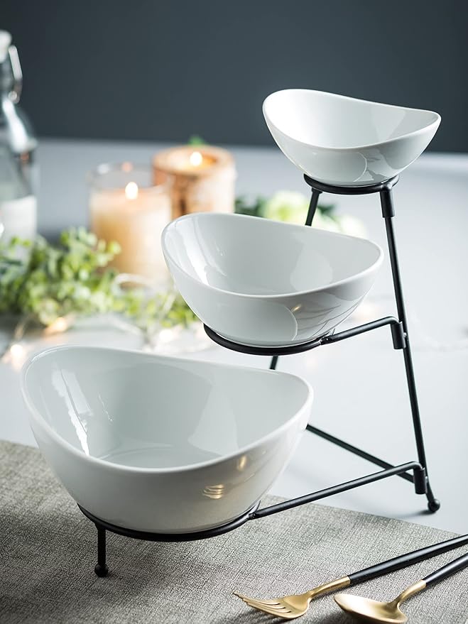 Miamolo 3 Tier Serving Bowls with Stand, Serving Dishes Chips and Dip Serving Set for Entertaining Party, Ceramic Serving Bowl Food Display for Fruit Salad Soup Snacks, Microwave & Dishwasher Safe