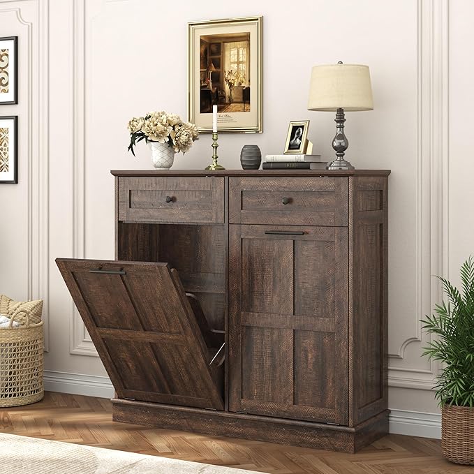 chartustriable 26 Gallon Double Tilt Out Trash Cabinet, Pet Proof Barn Door Garbage Can with 2 Drawers, Farmhouse Wood Laundry Hamper & Storage Basket, Kitchen, Rustic Brown
