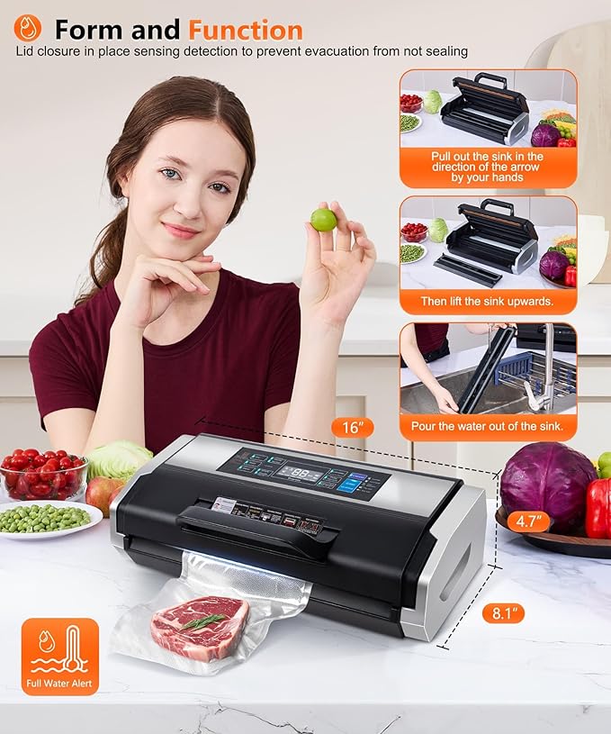 95kPa Vacuum Sealer Commercial Automatic Food Vacuum Sealer, 10-in-1 System, Auto Pop-Up Cover, Double Heat Seal, Easy-Lock Handle, Built-In Cutter with 1 Roll & 15 Bags, Black Silver