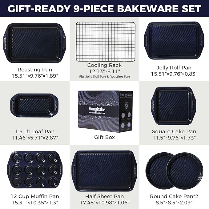 HONGBAKE 9-Piece Non Stick Bakeware Sets with Wave Texture for Reduced Grease, 0.8mm Thick Non Toxic Baking Pans Set, Includes Stackable Cookie Sheets for Oven Cooking, Shimmer Blue