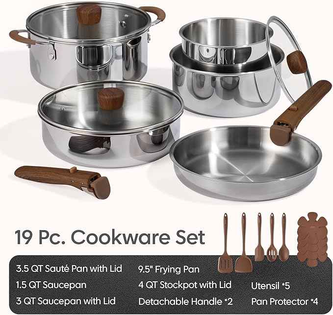 CAROTE 19pcs Stainless Steel Cookware Set with Detachable Handle, Pots and Pans Set, Induction Kitchen Cooking Sets, RV/Camping Cookware, Removable Handle, Oven Safe, Woodgrain
