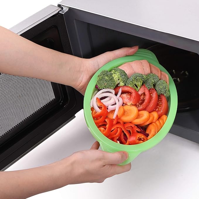 Microwave Steamer Cooker Collapsible Bowl Silicone Cookware Baked Potato with Handle Lid for Vegetables Fish Prep Meal Food with Removable Rack BPA Free Easy to Store Freezer Dishwasher Safe Green