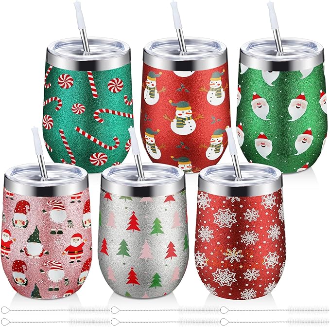 Sliner 6 Pack Pack Christmas Glitter Tumbler Bulk, 12 oz Holiday Wine Tumbler Set Stainless Steel Insulated Sparkling Glitter Cup with Lids Straws and Brushes Travel Mug Xmas Gift (Snowman Style)