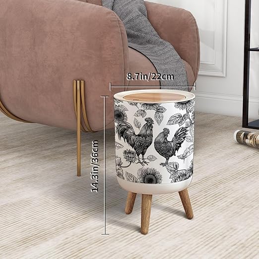 Trash Can with Lid Intricate Black White Roosters Sunflowers Press Top Round Small Garbage Bin with Wooden Legs Waste Basket for Kitchen Bedroom Nursery 7L/1.8 Gallon