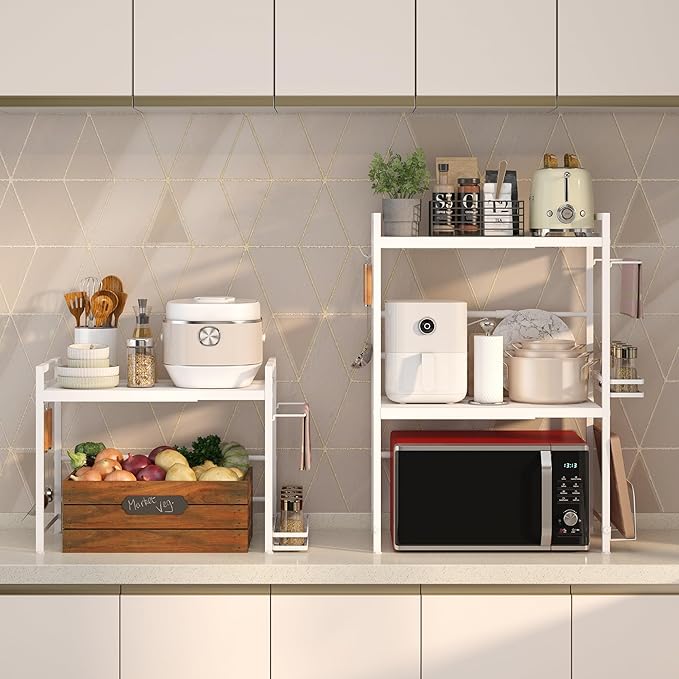 DOLALIKE Microwave Oven Rack, Expandable Microwave Stand Kitchen Countertop Organizer Utensils Storage, Carbon Steel Over Microwave Shelf with 3 Hooks (White, 3 Tier- With Storage)