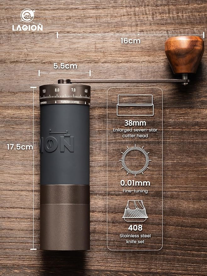 LAOION L6 Manual Coffee Grinder with Straight Handle, Hand Coffee Grinder for Espresso, Moka, Drip, French Press with External Adjustment Ring, Precision-Consistent Stainless Steel Conical Burr