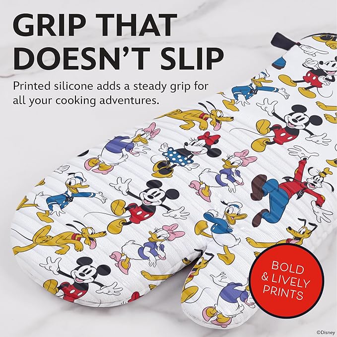 Disney Silicone Oven Mitts Heat Resistant – Set of 2 Long Cuff Cotton Kitchen Mitts with Silicone Grip Stripes, Cute Oven Mitts & Pot Holders for Cooking, Baking & Kitchen Essentials –Mickey & Friends