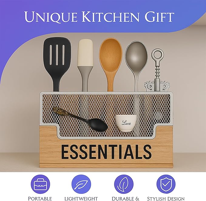 Extra Large Kitchen Utensil Organizer with 4 Compartments, Wooden Utensil Holder for Countertop, Rustic Kitchen Utensil Holder for Silverware & Cooking