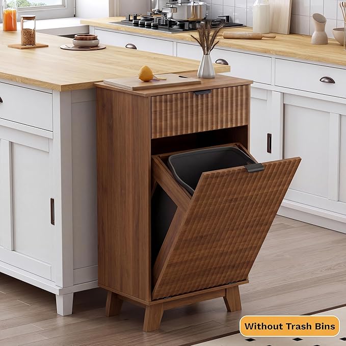 Modern Tilt Out Laundry Hamper Cabinet, 10 Gallon Wooden Trash Can Cabinet with Storage Drawer, Hidden Fluted Bathroom Storage Cabinet for Kitchen, Living Room (Walnut Wood, 20.47"W x 35.83"H x 13"D)