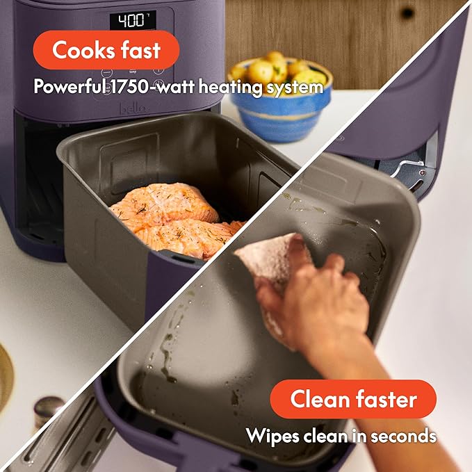 bella 6 Qt Slim Air Fryer, Fits-anywhere™ Kitchenware, EverGood™ Ceramic Nonstick Coating, Adjustable Temperature, 6 Preset Cooking Options, 60 Min Auto Shutoff w Audible Tone, 5lb Capacity, Plum