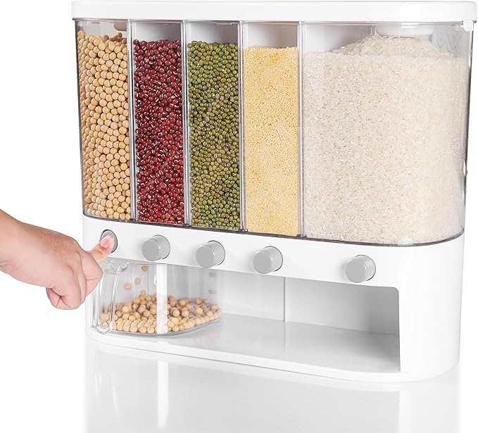 Wall Mounted Dry Food Dispenser with Individual Containers and Removable Walls for Rice, Beans, small grains, Lentils for Pantry and Kitchen Storage with Measuring Cup – 5 Grids