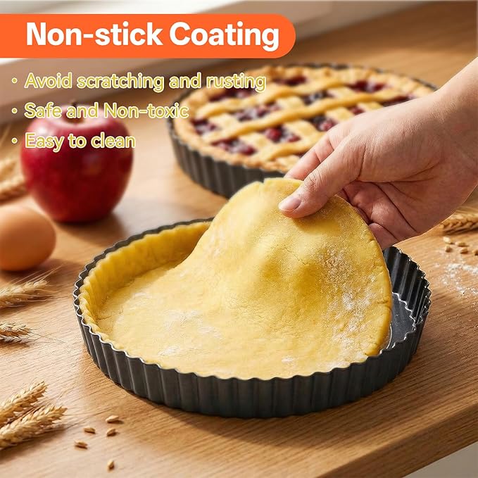 2 PCS 9.5 Inch Tart Pan 2.2 Inch Deep, Tart Pan Removable Bottom Carbon Steel Pie Pans Non-Stick Carbon Steel Pie Pans Non-Stick Round QuichePans Baking Dish with Fluted Edges Fruit Tarts Mold